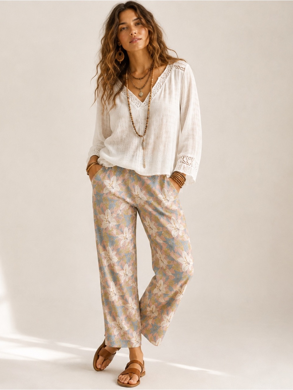 Umgee Floral Stretch Pants Elastic Waist Pockets Boho Cottagecore Size L